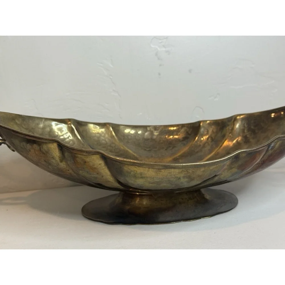 Vintage Hammered Brass Console Fruit Bowl with Side Handles & Scalloped Sides